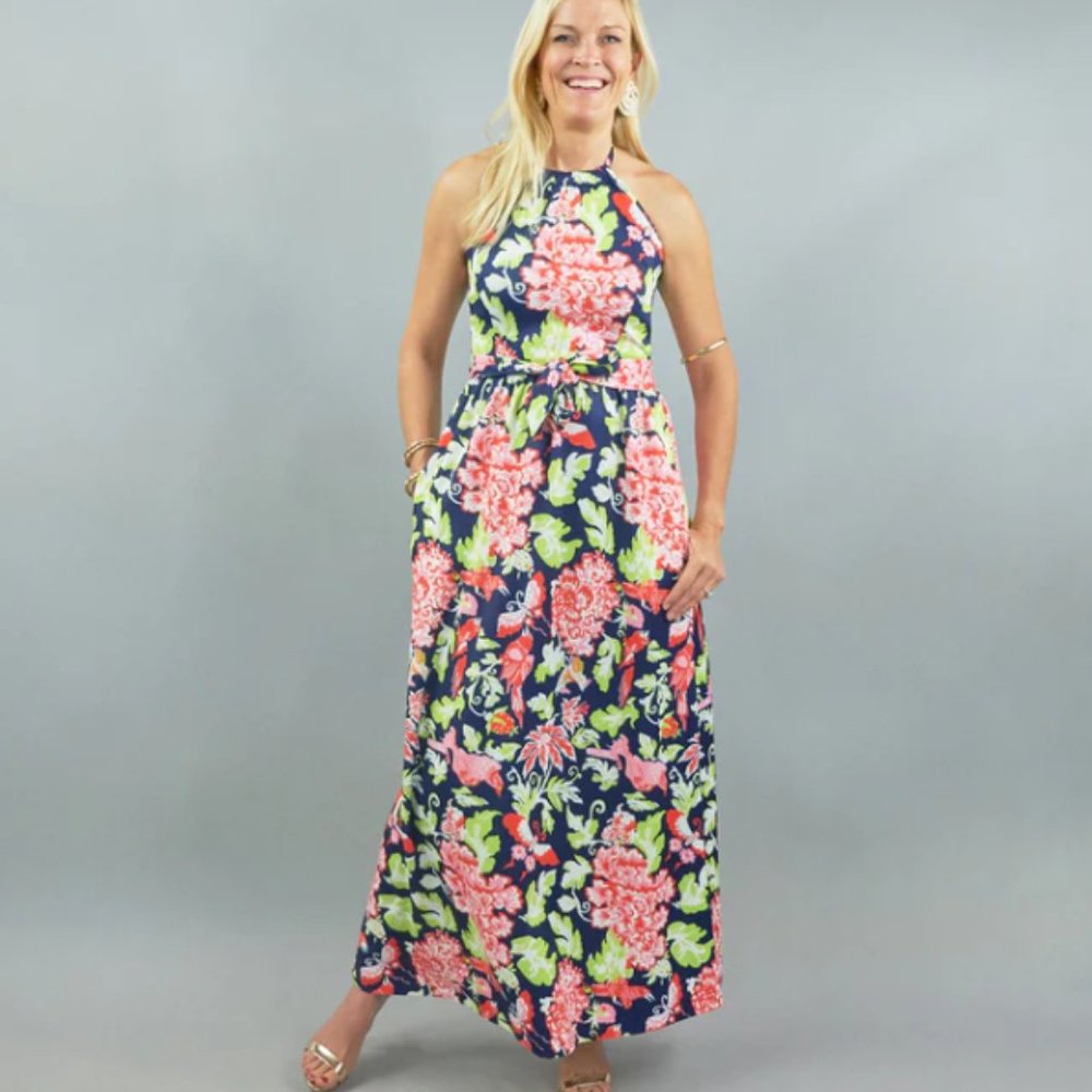 NWT CK Bradley Cortina Long in Birdsilk Navy